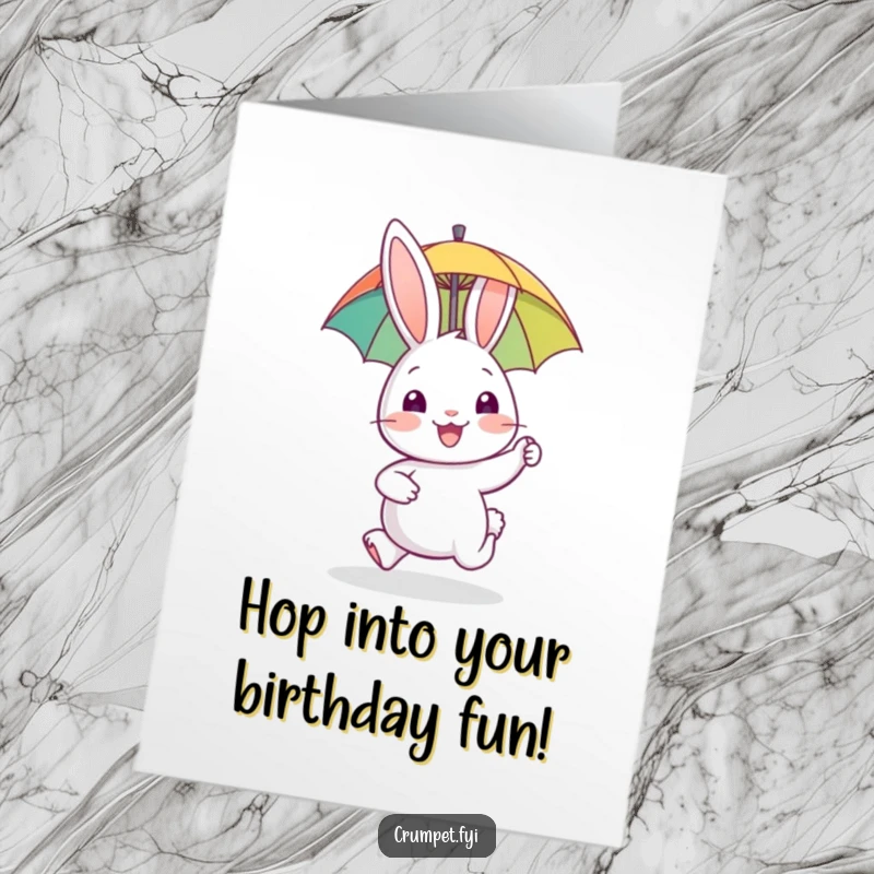 Funny Free Printable Birthday Card: Happy rabbit gleefully hopping with a tiny biscuit, spreading birthday joy.