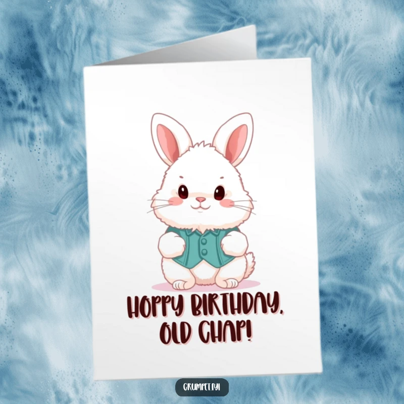 Funny Free Printable Birthday Card: Fluffy Bunny in Waistcoat Hops Merrily, Spreading Birthday Cheer