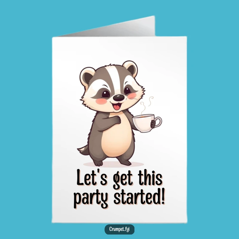 Free Printable Birthday Card: Playful Badger Teacup Dance Downloadable Gift