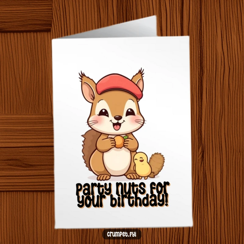 Funny Free Printable birthday card featuring a happy squirrel in a beret generously sharing nuts with a pal.