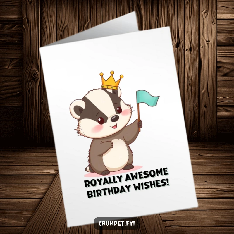 Funny Free Printable Birthday Card: Cute badger in a crown waving a flag, spreading royal birthday cheer.