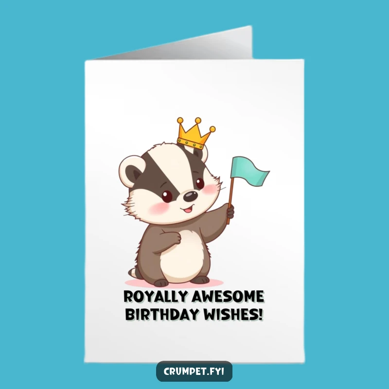 Free Printable Birthday Card: Cute Crowned Badger Waving Flag - Funny Downloadable Gift