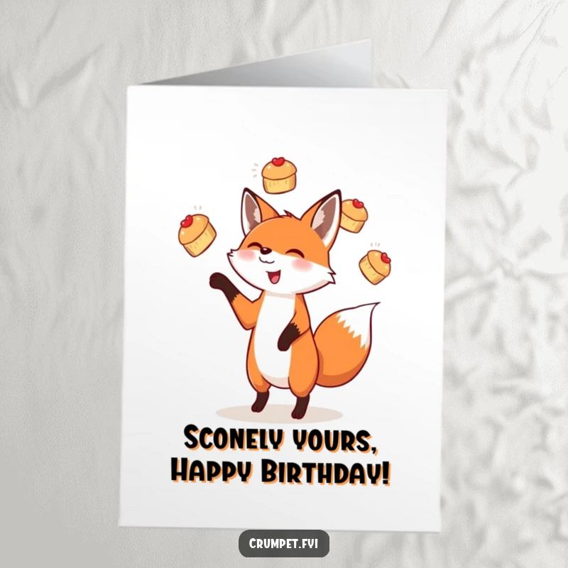Funny Free Printable Birthday Card: A happy fox with a big smile juggling three small scones in the air.