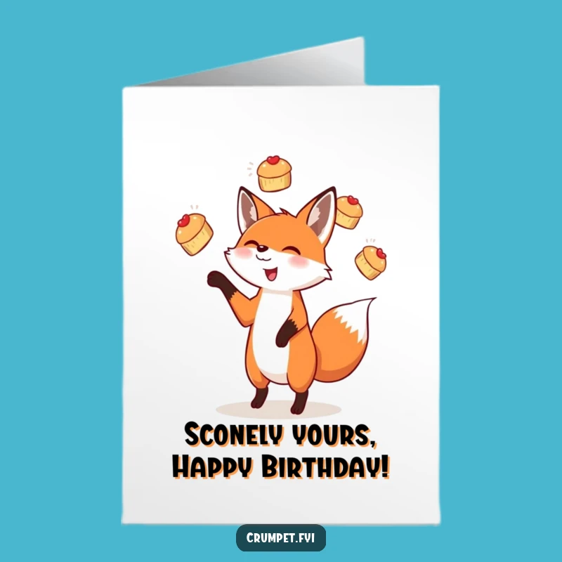 Free Printable Funny Birthday Card: Scone-Juggling Fox, Hilarious Downloadable Gift