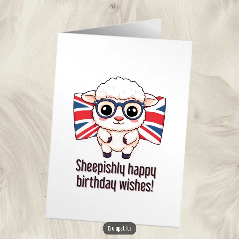 Funny Free Printable Birthday Card: A fluffy sheep with glasses peeks from behind a Union Jack flag, looking sheepish.