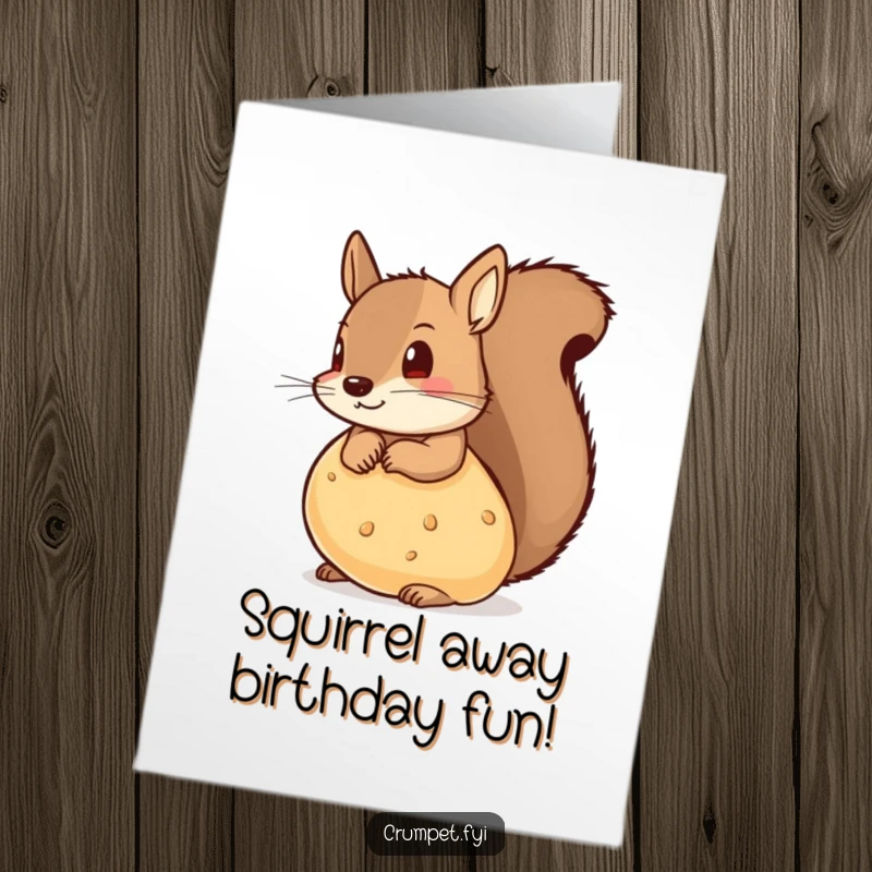 Funny free printable birthday card: a mischievous squirrel with a sly grin peeks out from behind a giant, delicious-looking crumpet.