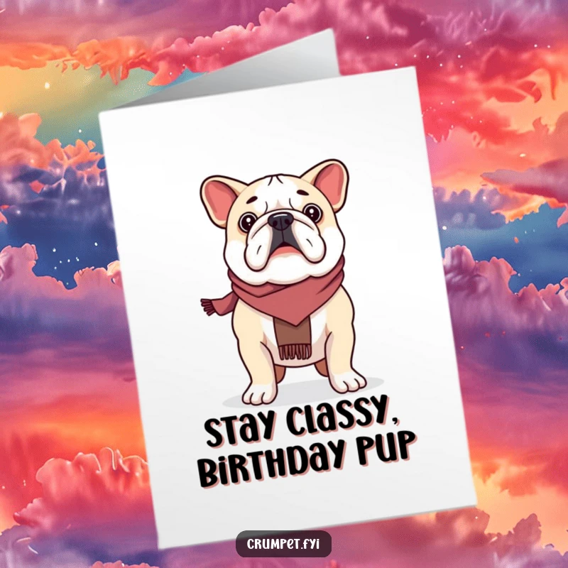 Funny Free Printable Birthday Card: Proud Bulldog in Scarf Standing Tall, Wishing Happy Birthday