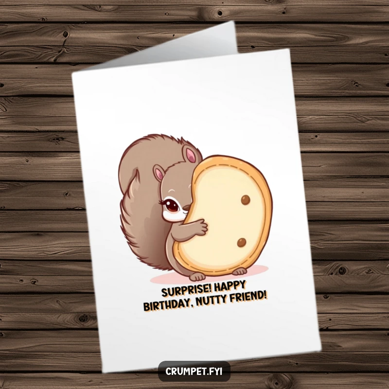 Funny Free Printable Birthday Card: A mischievous squirrel peeking out from behind a very large crumpet.