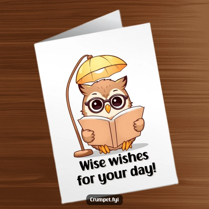 Funny Free Printable birthday card featuring a smiling owl in spectacles engrossed in a large book under a lamp.