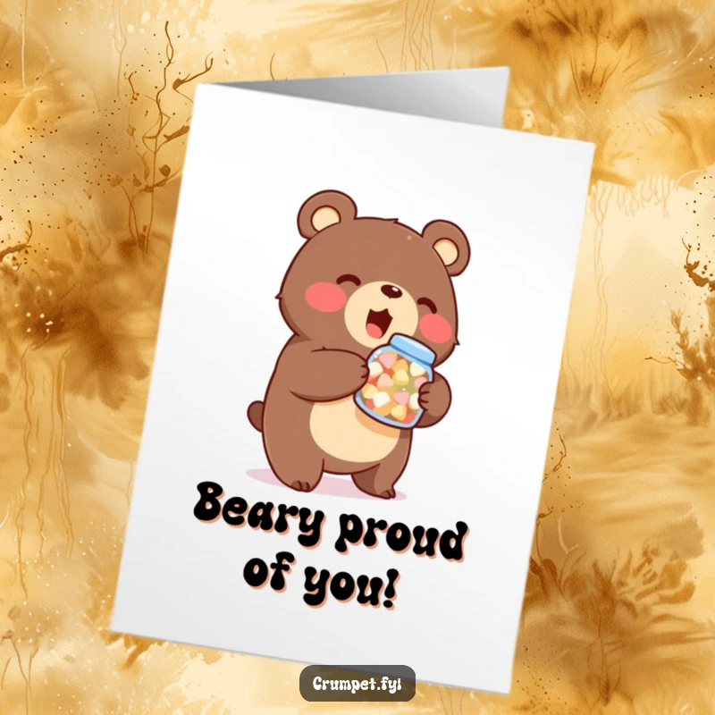 Funny Free Printable Congratulations Card: Stout bear holding a tiny jar of sweets, celebrating a sweet victory.