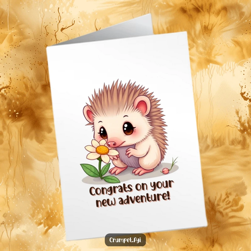 Funny Free Printable Echidna Congratulations Card: A curious echidna with wide eyes sniffs a flower in congratulatory delight.