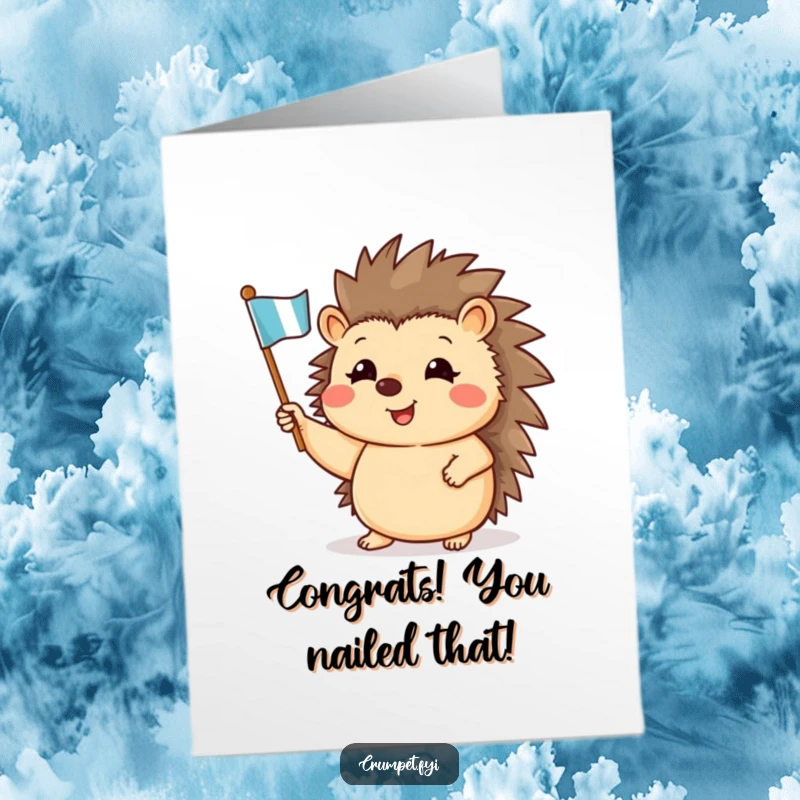 Free Printable Congratulations Card with a cheerful hedgehog waving a flag, ideal for a funny DIY celebration.