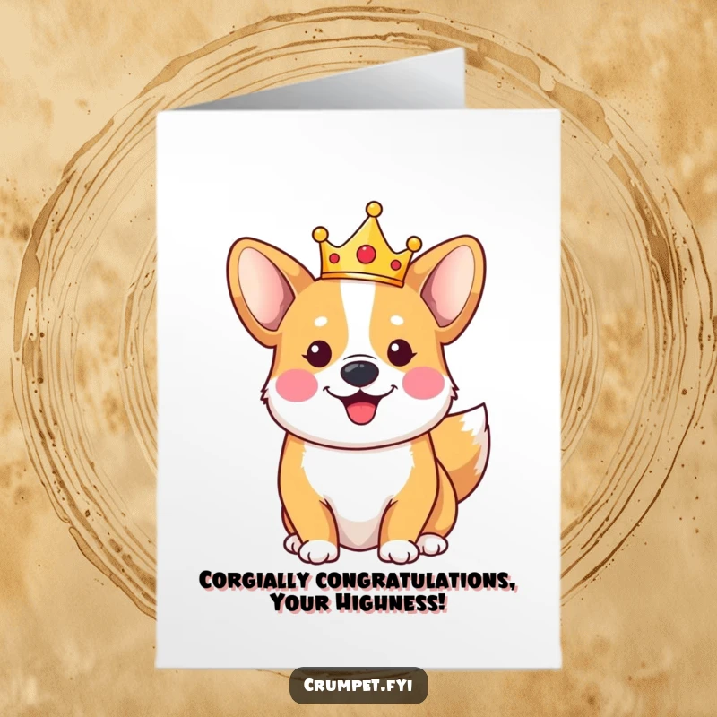 Free Printable Congratulations Card with a happy corgi wearing a crown and wagging its tail, ideal for celebrating royalty.