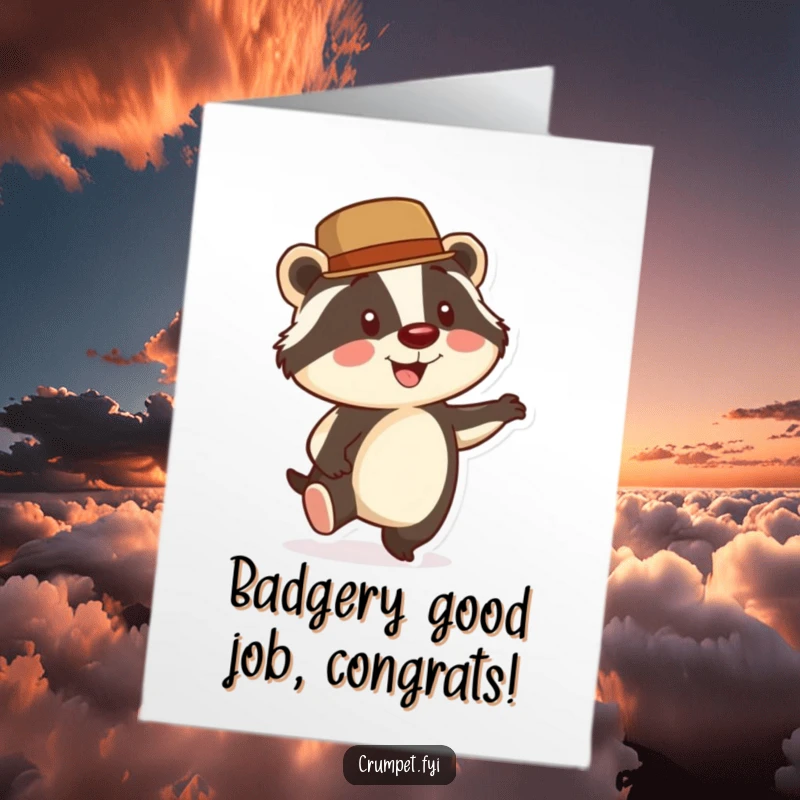 Funny Free Printable Congrats Card: Badger wearing a bowler hat energetically taps its foot, a stylish congratulatory design.