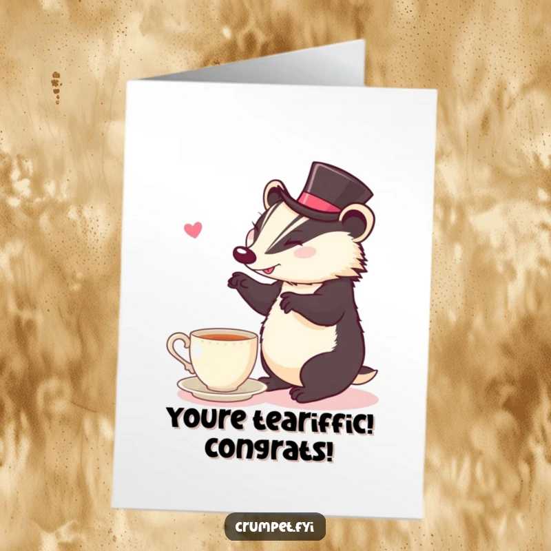 Funny Free Printable Congratulations Card featuring a badger in a top hat jigging near tea, a quirky DIY gift.