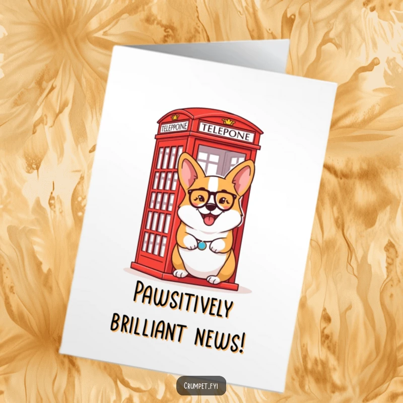 Funny Free Printable Congratulations Card featuring a corgi with a monocle winking beside a red phone box, a quirky DIY gift.