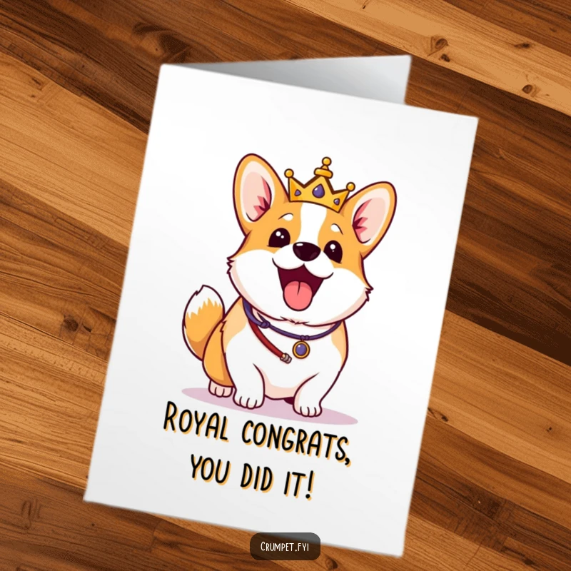 Funny Free Printable Congrats Card: Corgi wearing royal regalia wags tail vigorously, a happy congratulatory design.