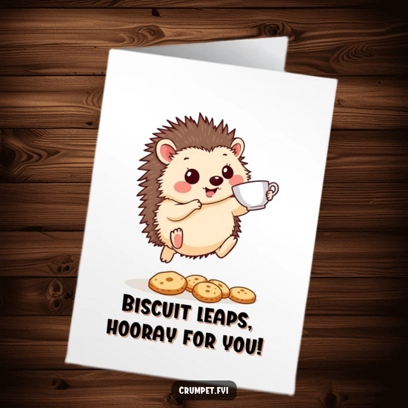 Funny Free Printable Congrats Card: Hedgehog holding a teacup leaps over biscuits, a humorous congratulatory design.