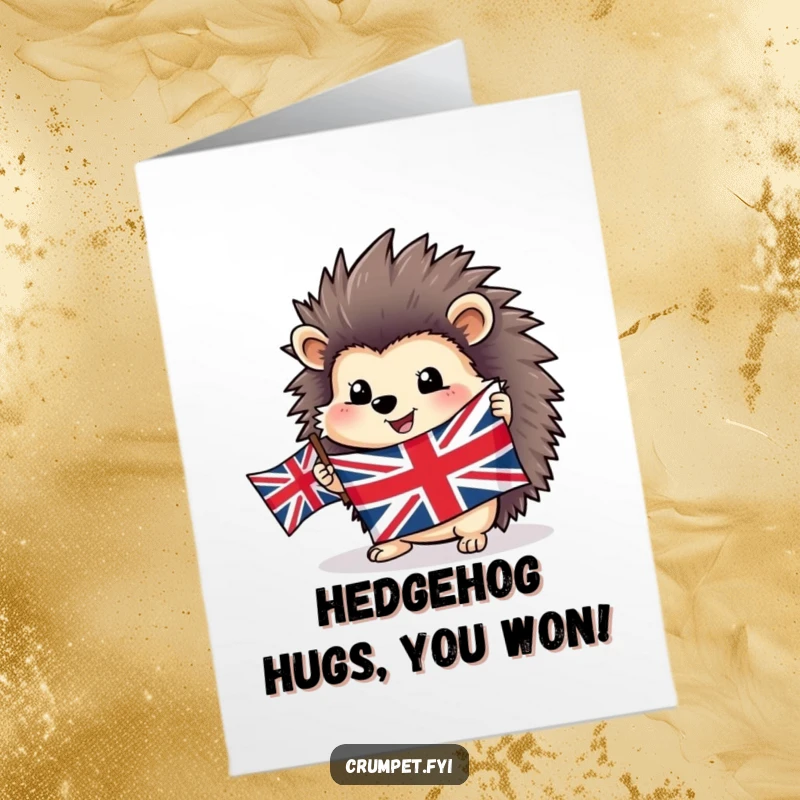 Free Printable Congratulations Card with a happy hedgehog proudly holding a Union Jack flag, ideal for a festive occasion.