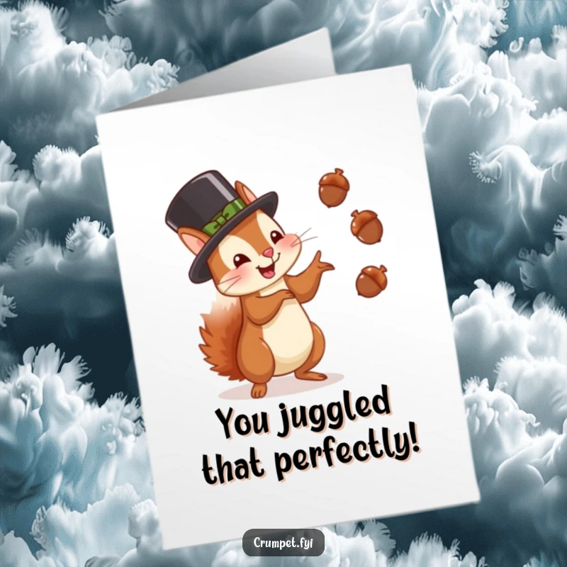 Funny Free Printable Congratulations Card: A squirrel sporting a bowler hat joyfully juggles acorns, great for a DIY congrats.