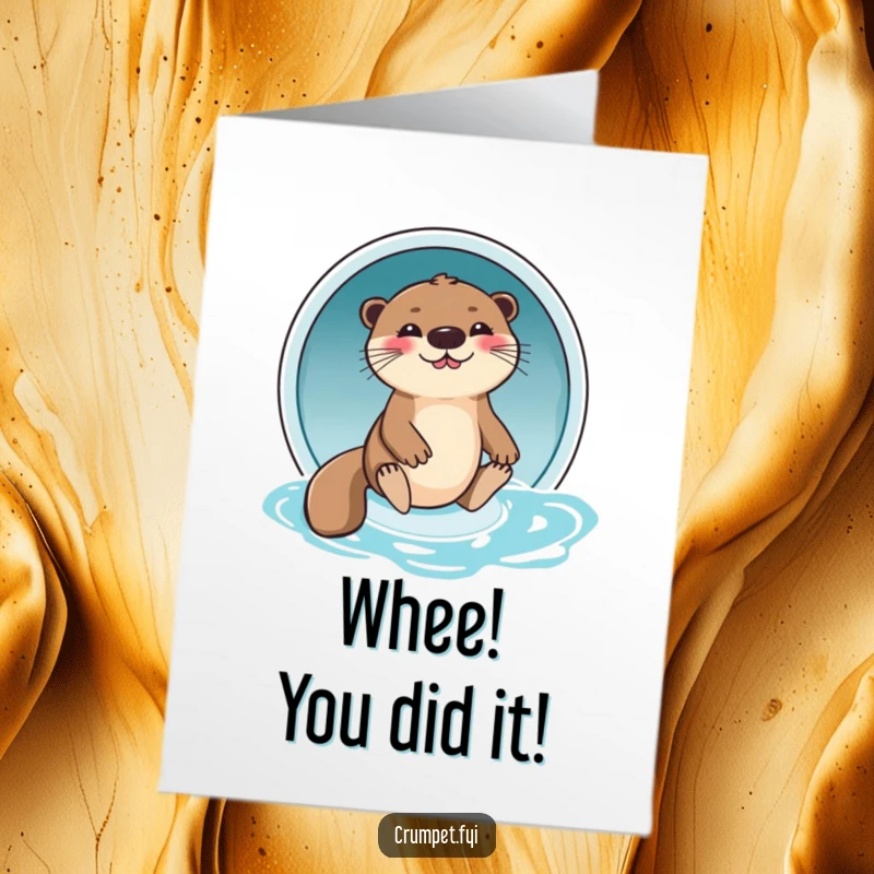 Funny Free Printable Congratulations Card: A gleeful otter slides down a water slide, celebrating a successful slide into victory, a wet and wild card.
