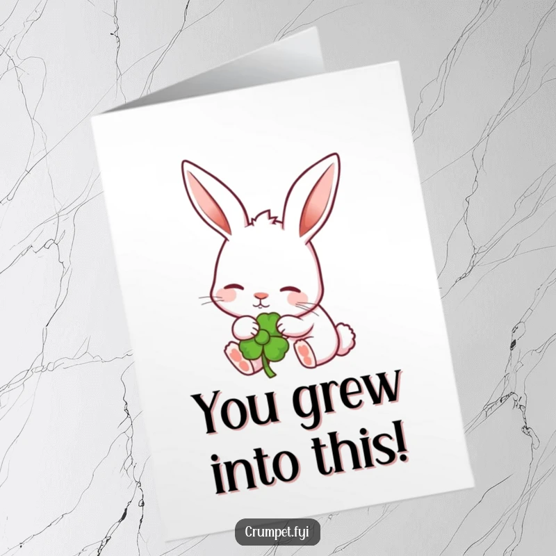 Funny Free Printable Congratulations Card: A content rabbit with perked ears nibbles a stylized flower, symbolizing new beginnings.