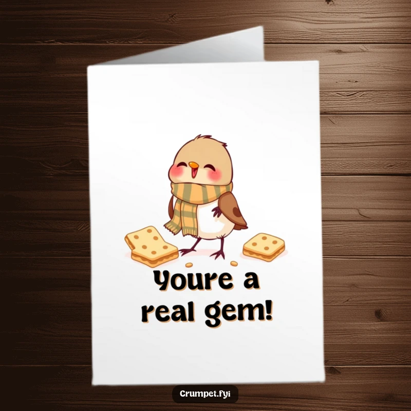 Funny Free Printable Congratulations Card featuring a robin in a scarf pecking a biscuit, a charming DIY gift.