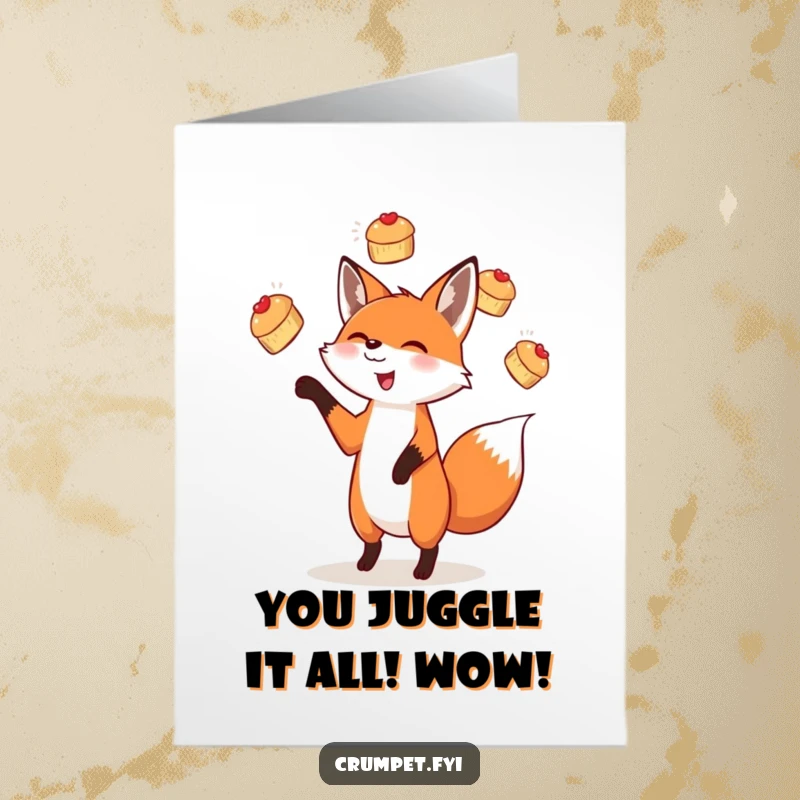 Funny Free Printable Congratulations Card: A gleeful fox skillfully juggling three tiny scones, celebrating success.