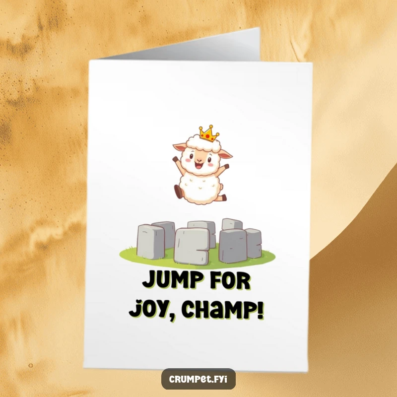 Funny Free Printable Congratulations Card featuring a crowned sheep gleefully leaping over mini Stonehenge, a unique DIY gift.