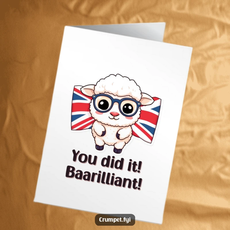 Funny Free Printable Congratulations Card: A fluffy sheep wearing spectacles peeks from behind a UK flag, looking proud.