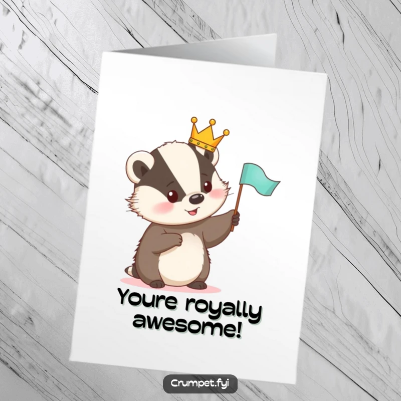 Funny Free Printable Congratulations Card: A cute badger wearing a crown waves a flag, celebrating achievements with glee.