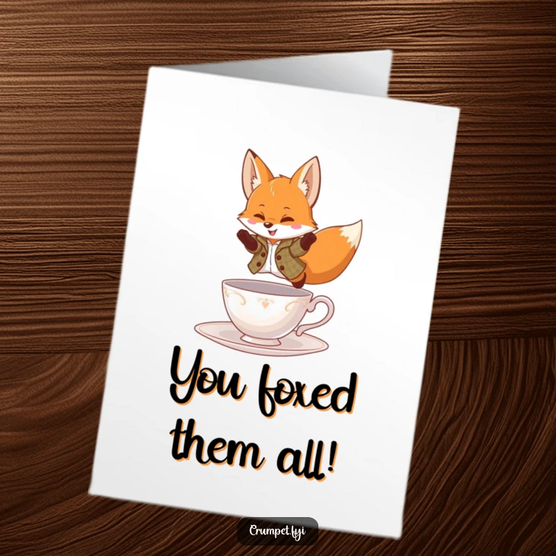 Funny Free Printable Congratulations Card: A playful fox in a tweed jacket elegantly leaps over a teacup, marking an achievement.