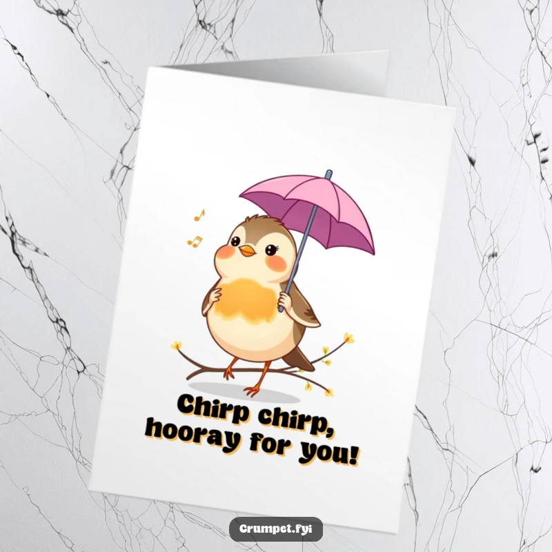 Funny Free Printable Congratulations Card: A cheerful robin holding a tiny umbrella chirps a celebratory tune, wishing success.