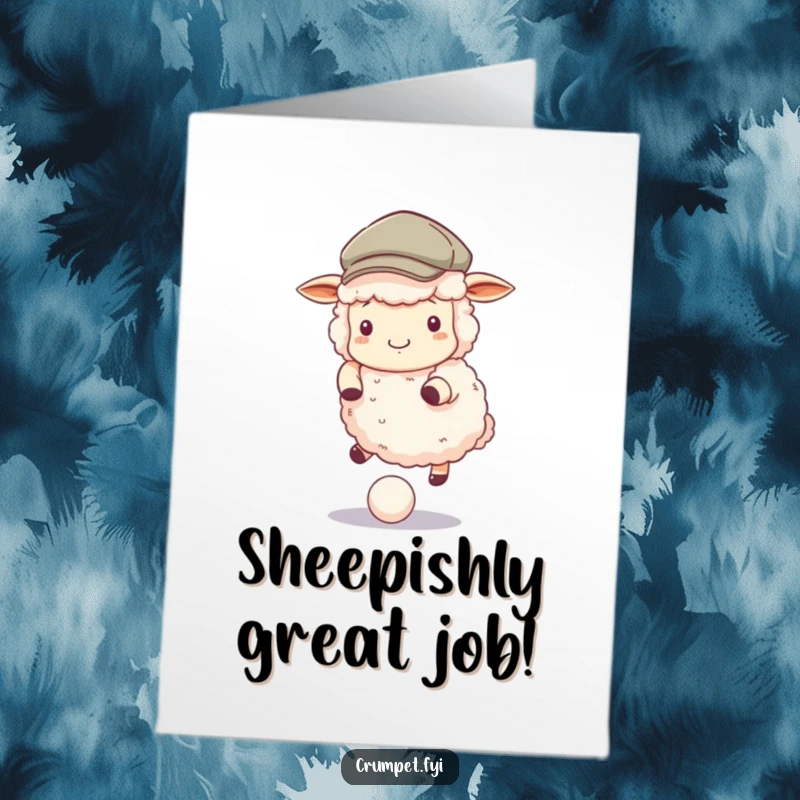 Funny Free Printable Congratulations Card: A fluffy sheep wearing a flat cap bounces a ball, celebrating success with playful energy.