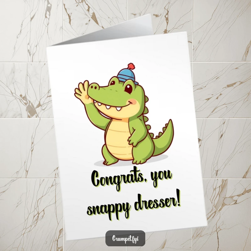 Funny Free Printable Crocodile Congratulations Card: A smiling crocodile in a tiny hat gives a friendly wave to congratulate.
