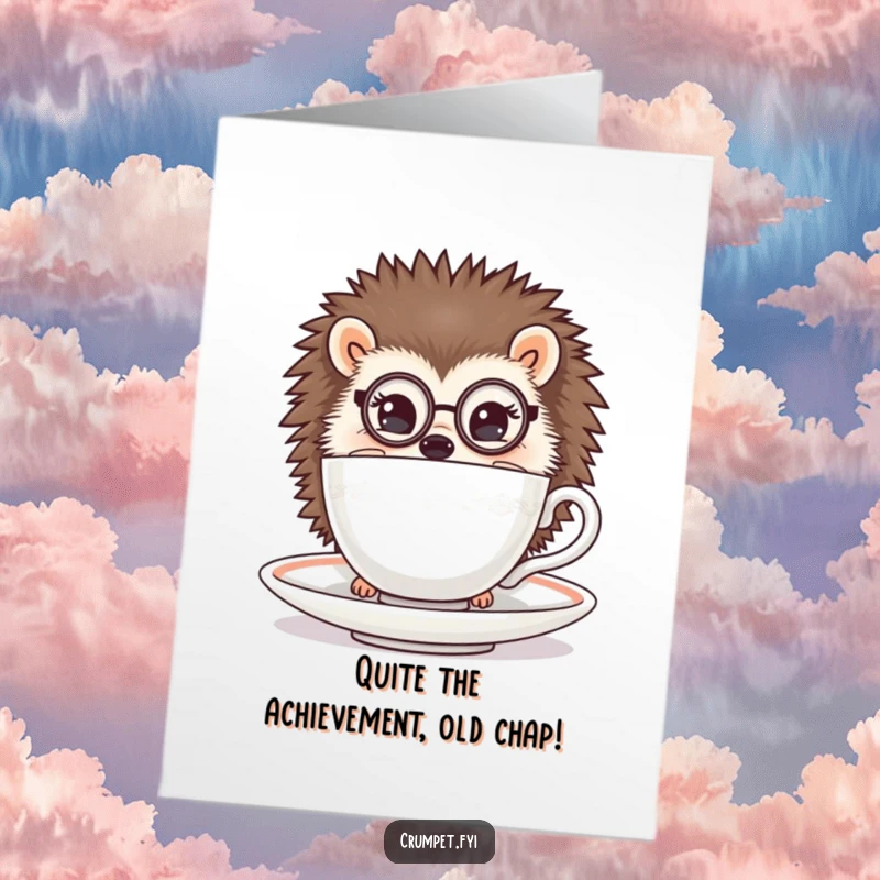 Funny Free Printable Congratulations Card: A hedgehog donned with a monocle peeks from a teacup, great for a DIY congrats.