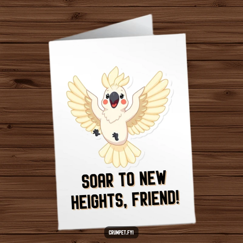 Funny Free Printable Cockatoo Congratulations Card: A happy cockatoo with outstretched wings flies, sharing congratulations.