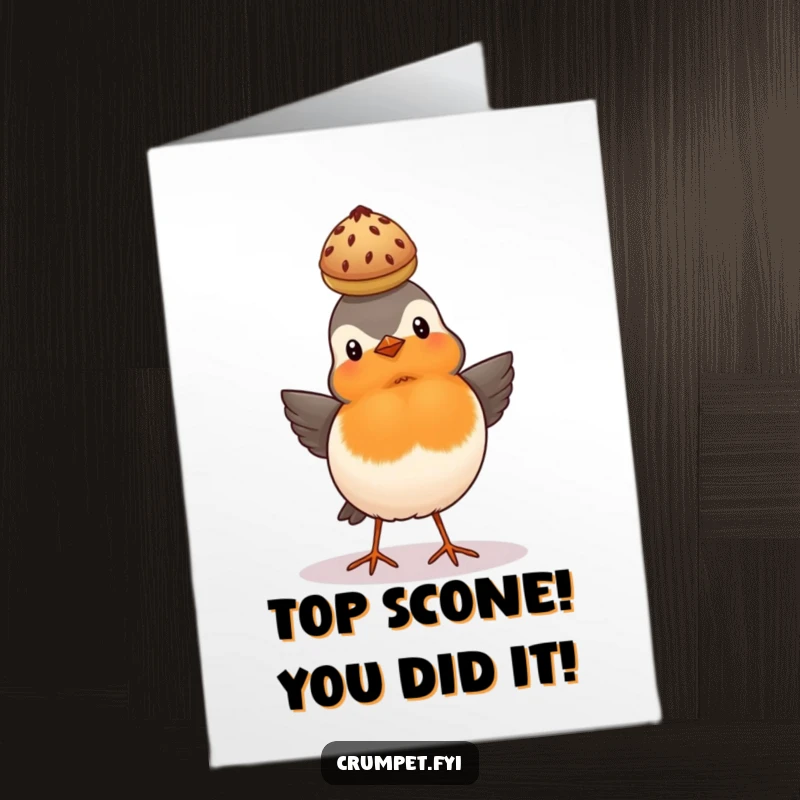 Funny Free Printable Congratulations Card: A proud robin balances a scone on its head, beaming with pride.