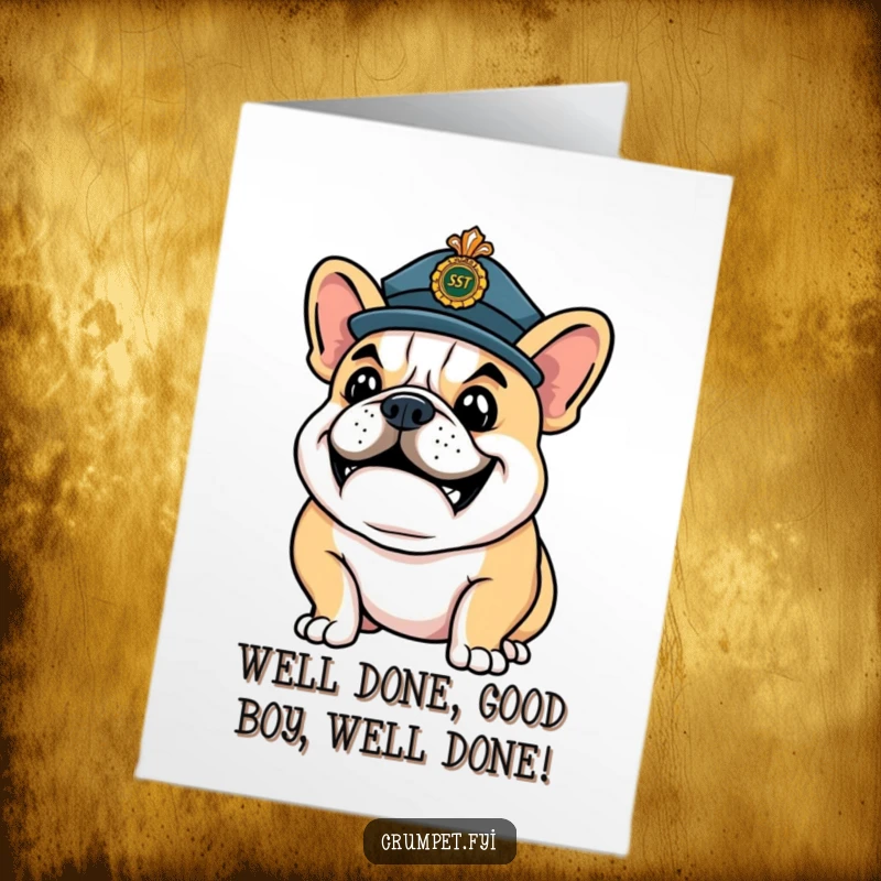 Funny Free Printable Congratulations Card: Happy bulldog in ceremonial hat strikes a confident pose, a classy DIY gift.