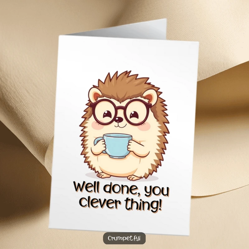 Funny Free Printable Congratulations Card: A cheerful hedgehog in spectacles holds a steaming teacup, offering a toast.