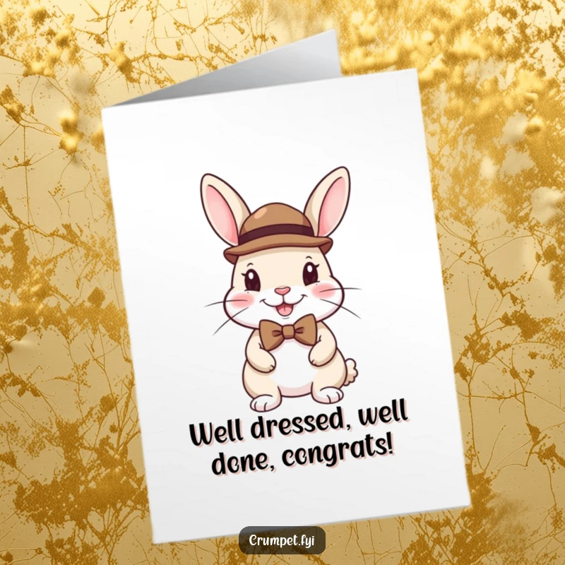 Free printable congratulations card: a happy rabbit elegantly sporting a tiny bowler hat and a neat bow tie, ready to celebrate.