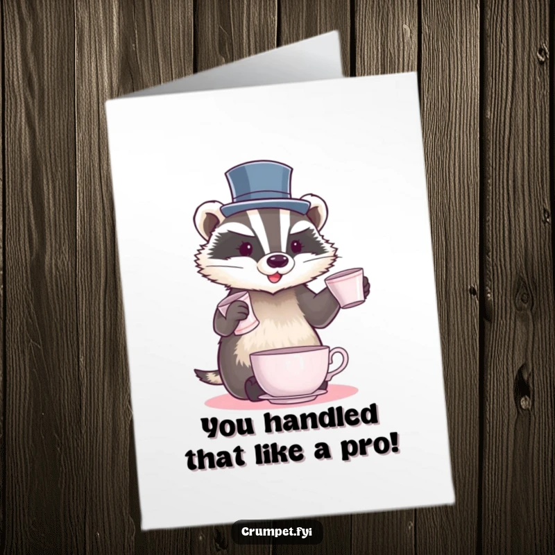 Funny Free Printable Congratulations Card: A badger in a tiny top hat juggles teacups with impressive skill. Hilarious downloadable card.