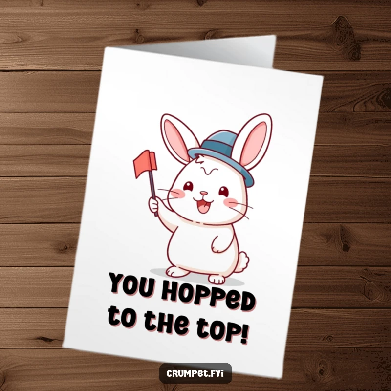 Funny Free Printable congratulations card showing a happy rabbit in a bowler hat waving a flag in celebration.
