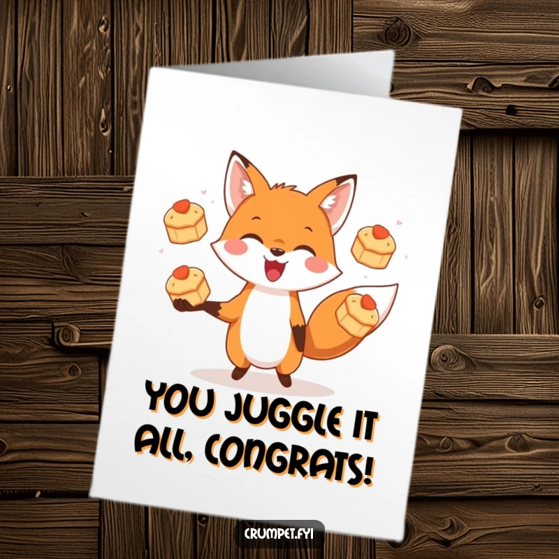 Free printable congratulations card: a joyful fox performing an impressive feat of juggling three miniature scones, symbolizing balancing success.