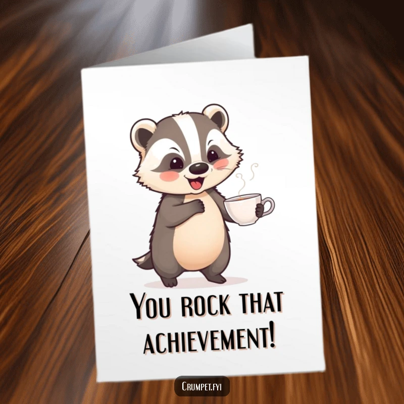 Funny Free Printable Congratulations Card: A playful badger performs a jaunty dance while holding a teacup, cheering success.