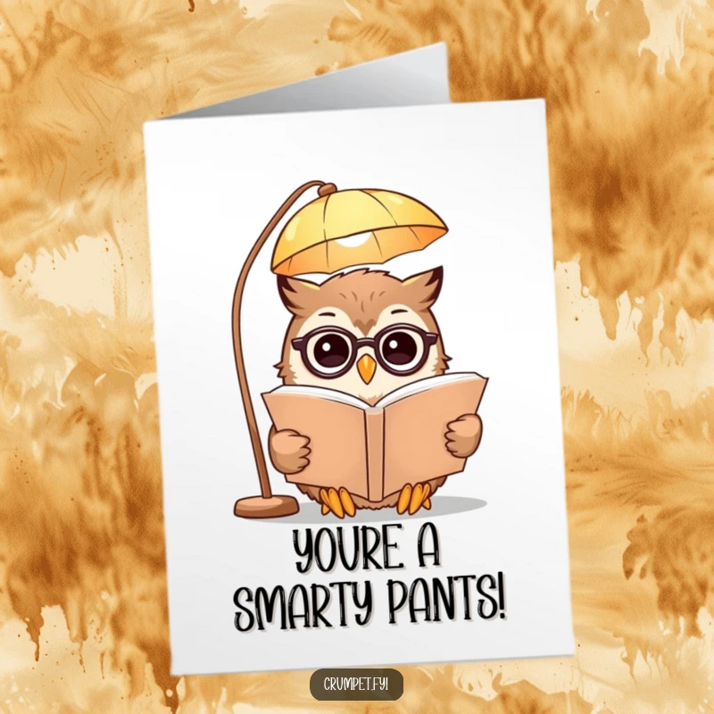 Funny Free Printable congratulations card showing a smart owl with spectacles reading a book, celebrating success.