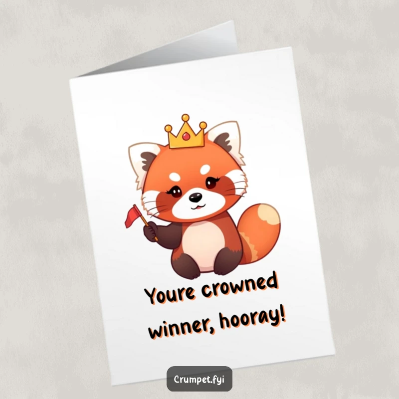 Funny Free Printable Congratulations Card featuring a red panda wearing a small crown and waving a flag, celebrating success.