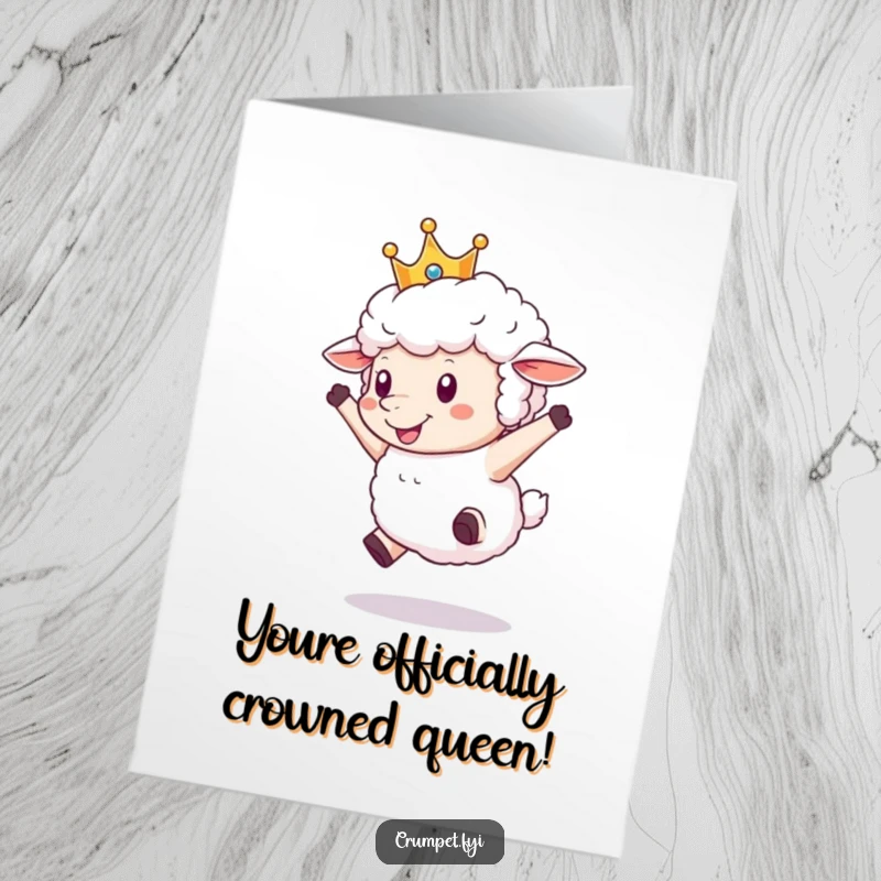 Funny Free Printable Congratulations Card: A fluffy sheep wearing a crown leaps joyfully to celebrate success. Hilarious downloadable card.