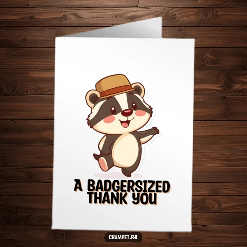 Funny Free Printable Thank You Card: Smiling badger in a bowler hat tapping its foot energetically, a charming thanks.