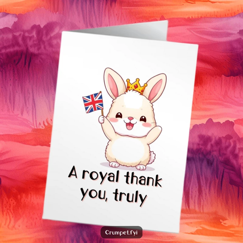 Funny Free Printable Thank You Card: Crowned bunny joyfully waving Union Jack, a humorous way to say thanks.